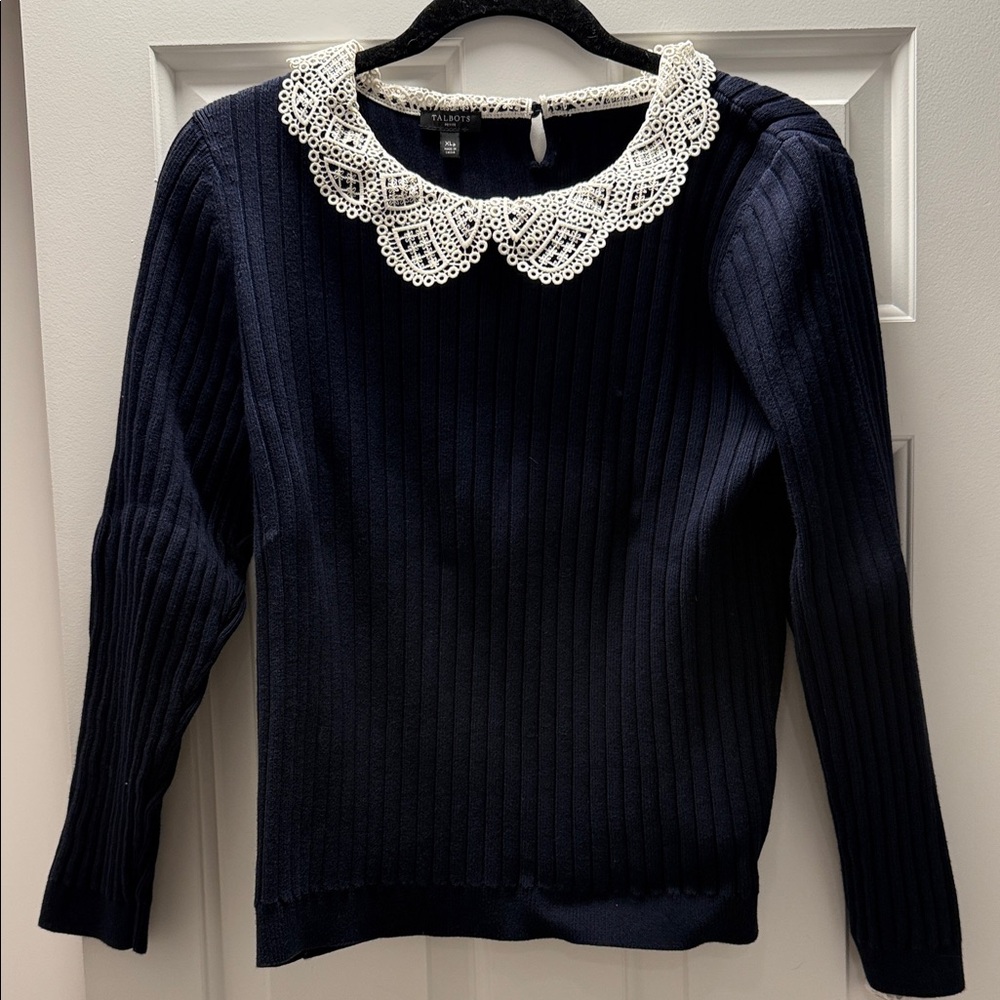 Talbots Cotton Navy Sweater with Lace Collar